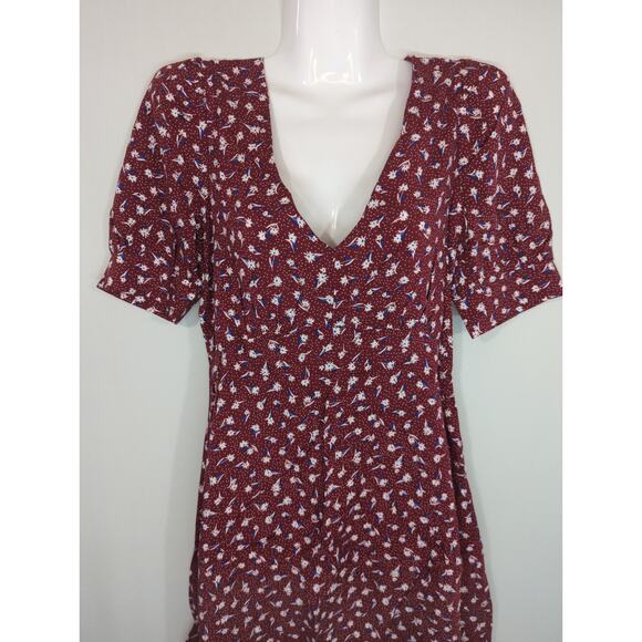 Forever 21 Burgundy Multi Woven Ditsy Floral V Neck Mini Small NWT Boho prairie - Picture 2 of 8
